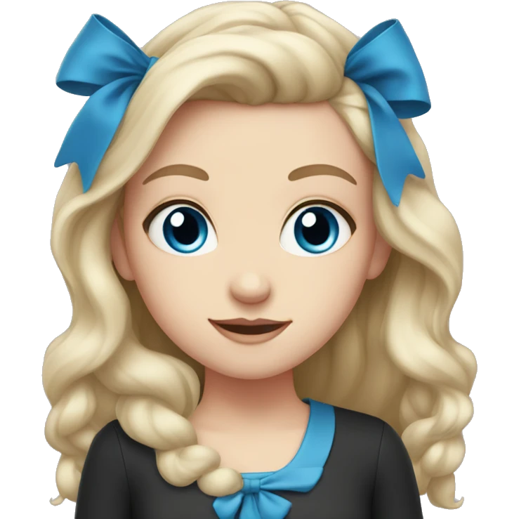 white girl, blue eyes, has black bow in hair emoji