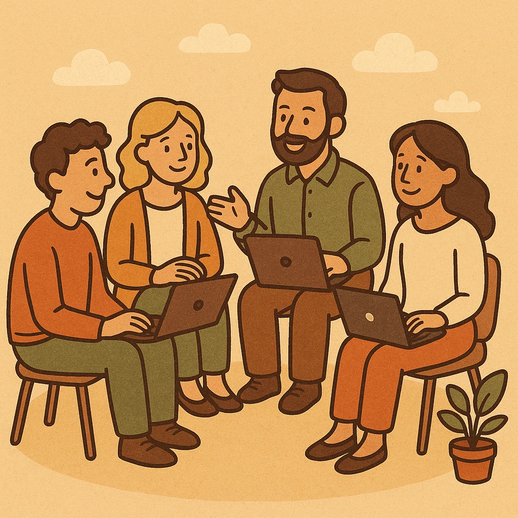 a friendly work team during a circle briefing, flat illustration, people with laptops, casual dress, warm tones, circular arrangement emoji