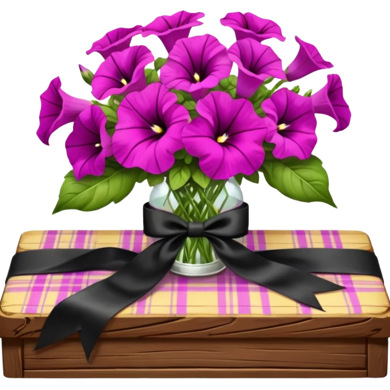 A lush bouquet of bright light margenta color petunia black satin ribbon, resting on an antique wooden table, with a pale yellow and pink plaid pattern table cloth emoji