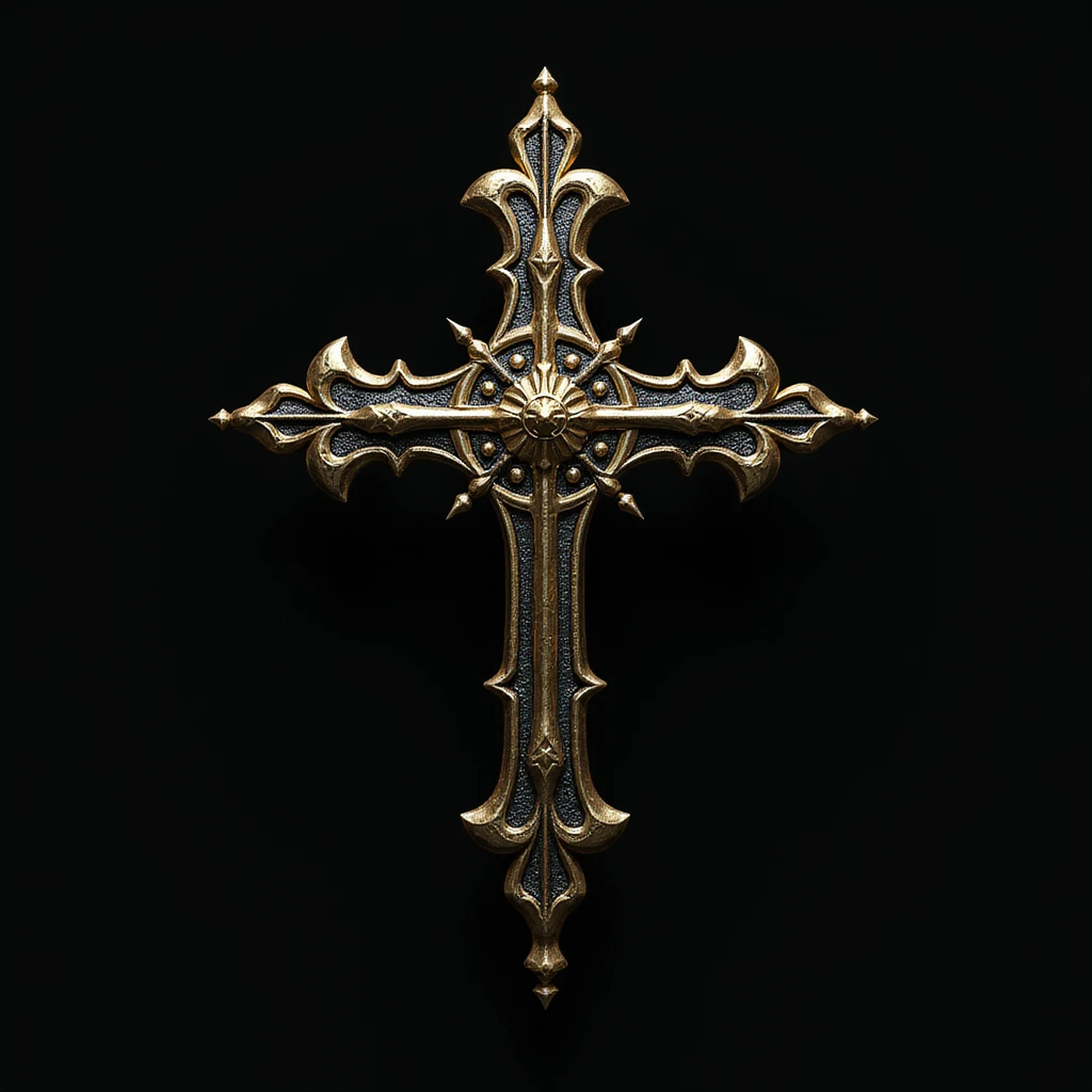 realistic gothic cross, gold and black, photorealistic style emoji