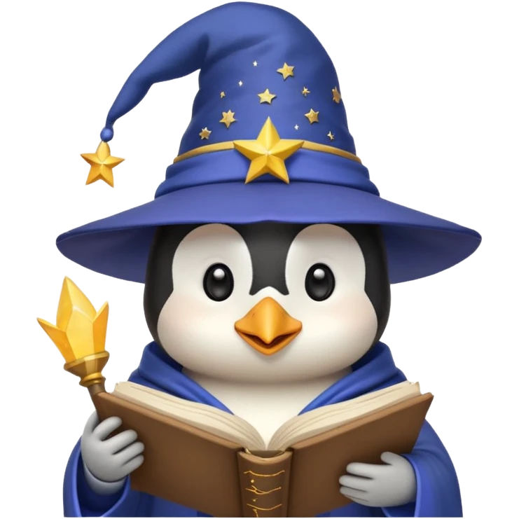 cute penguin wizard holding an open spellbook with a starry hat, emoji style emoji