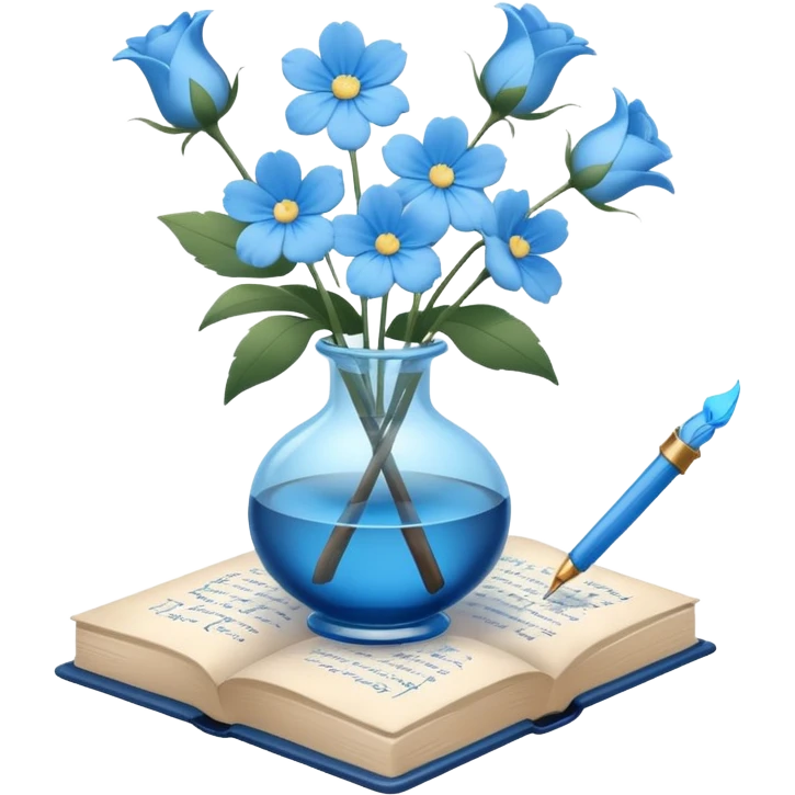 old blue book with light blue flowers in a glass vase and a writing quill, clean and minimal style, iOS emoji emoji