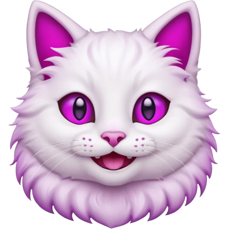 White cat smiling with teeth showing, pink inner ears, magenta purple eyes emoji
