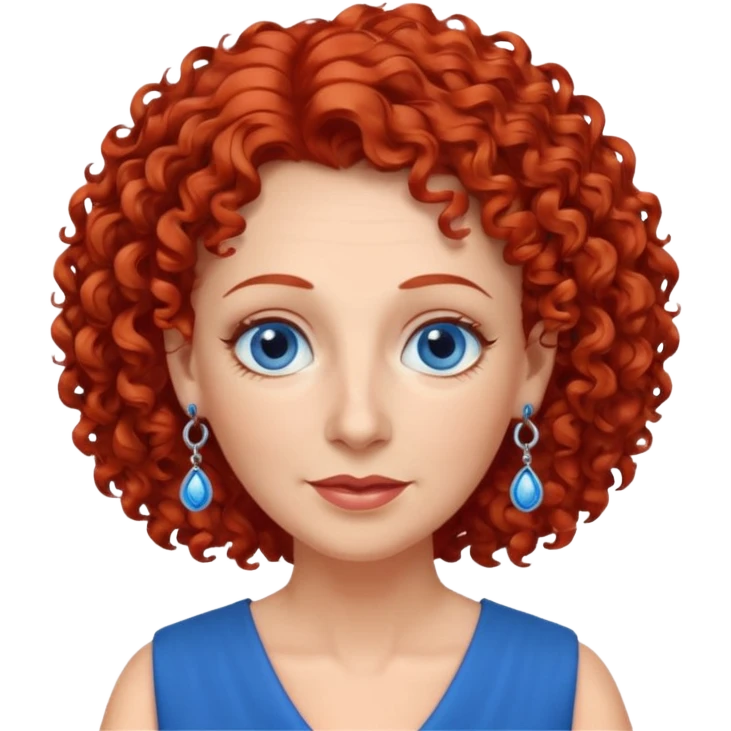 una profesora mayor simpática con el pelo rojo rizado, ojos azules, vestido azul y pendientes azules hablando emoji