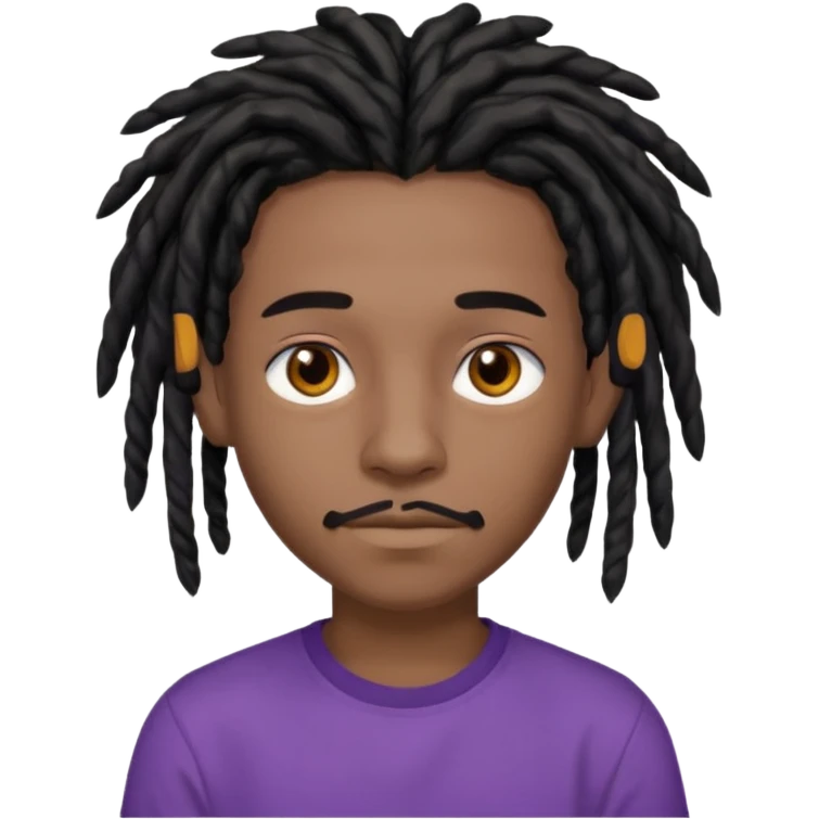black teen with black dreads in a middle part with brown eyes and a small mustache and purple shirt emoji