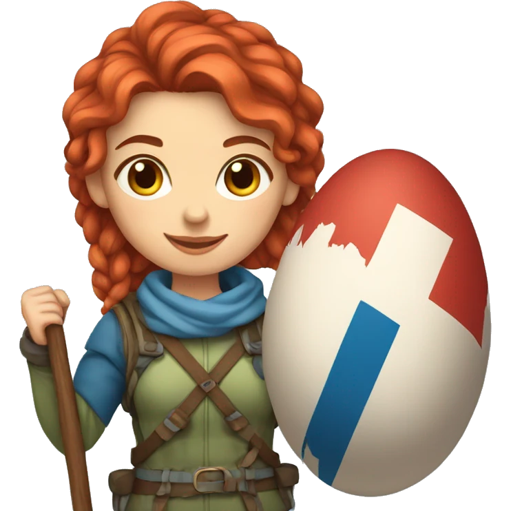 female winter mountaineer red hair holding greek flag and easter egg emoji