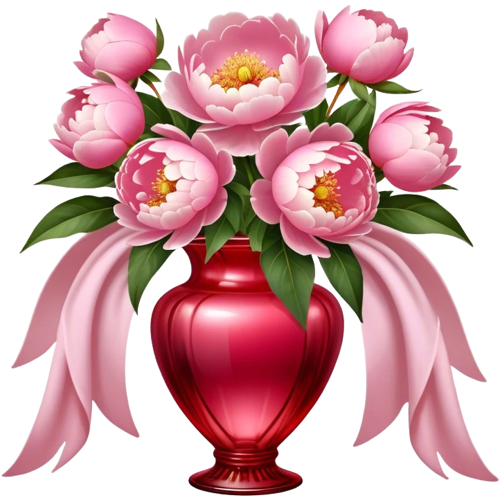 Lush Shell Pink peonies bloom gracefully in a Venetian Red glass vase, their soft petals glowing in the light. An Angel Pink silk bow drapes elegantly around the vase, adding a touch of delicate romance." emoji