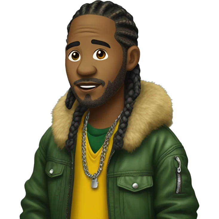 Side profile of a hip hop artist with braids. He has an arm extended down, holding a mic. He's wearing a very dark green crocodile jacket. The jacket has a furry yellow mustard collar.  emoji