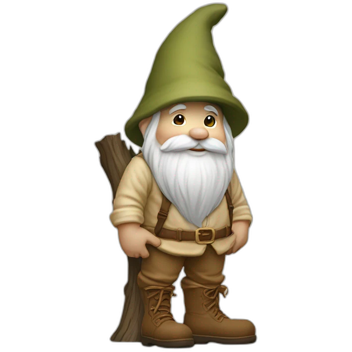 side view of gnome with light tan pants and boots squatting above tiny brown log emoji