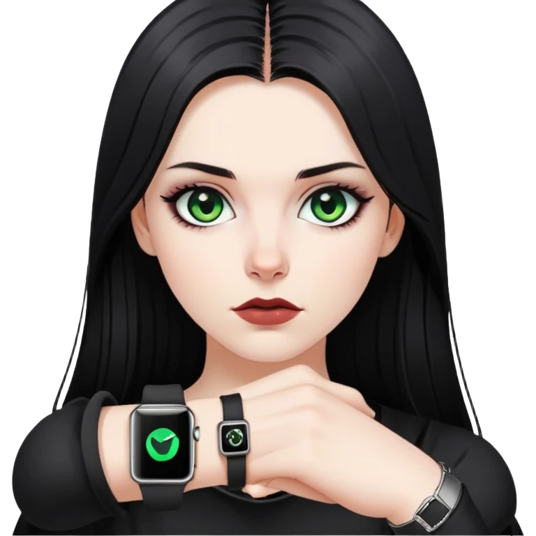 white girl, dark hair, goth style, straight hair, green eyes, without lipstick, apple watch on hand emoji