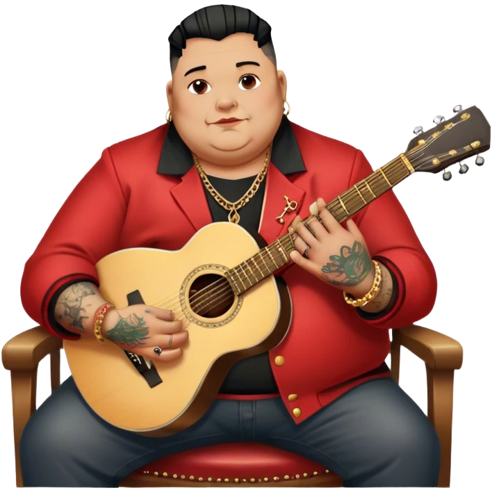 Icon for Chanson: Old fat chanson singer with tattoos, red jacket, gold chains and braslettes, sitting on a chair with an acoustic guitar. The atmosphere should reflect a nostalgic, soulful vibe with vintage elements. Transparent background. emoji