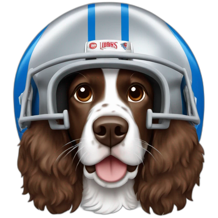 brown springer spaniel wearing detroit lions football helmet and holding football emoji