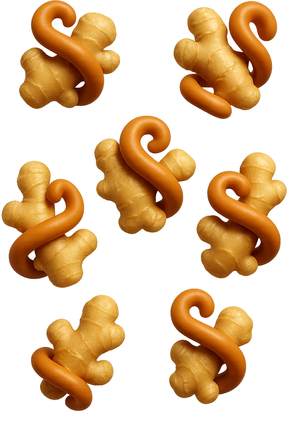 emoji stile iphone 3d di 6 piccoli pezzi di zenzero che fluttuano in aria con pezzi di colon arrotolati intorno, iperrealistico 4k emoji
