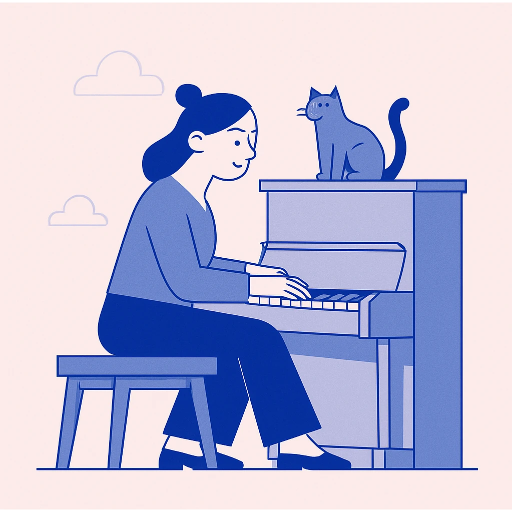 person playing piano with her cat sitting on the piano emoji