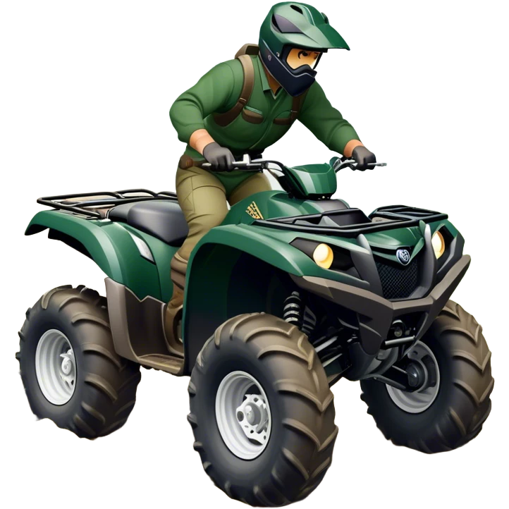Yamaha Grizzly 700 (2019) – Cinematic-realistic Yamaha Grizzly 700 ATV, its dark green frame tearing through muddy trails. Thick off-road tires grip the rugged terrain emoji