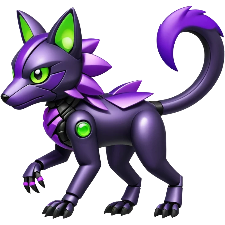Futuristic modern mechanical badass cool shiny metallic alloy black-obsidian purple neon-green white lime animal hybrid Fakemon full body emoji