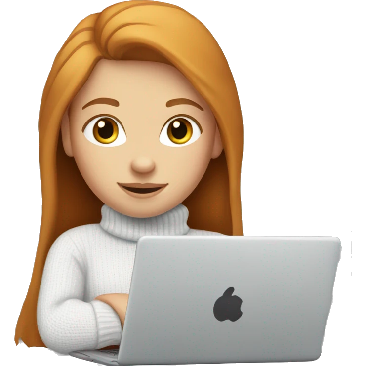 ginger girl with straight long hair and blue eyes in turtle neck white sweater working on a laptop emoji