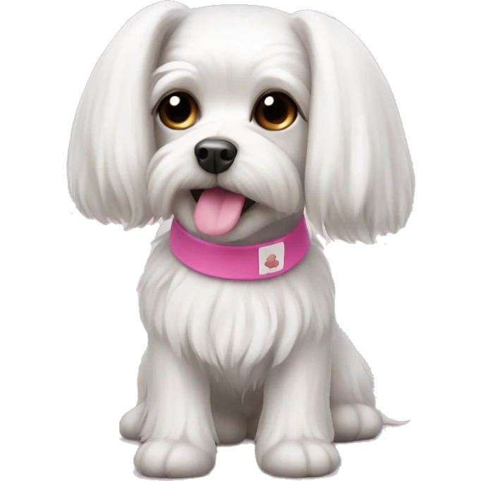 small dog maltese lapdog with long ears and tail with pink elastic band on head emoji