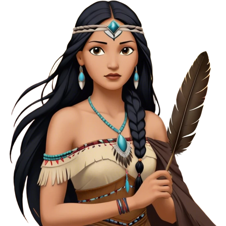 Cinematic Realistic Pocahontas Portrait, depicted with lifelike skin texture, soft natural lighting, and intricately detailed long, flowing raven-black hair that moves gracefully in the wind. Her deep, soulful dark brown eyes exude wisdom and strength, complemented by a serene yet powerful expression. She is shown gently holding a feather in one hand, her other hand resting lightly at her side, embodying the harmonious balance between nature and herself. She is dressed in her classic one-shoulder native American dress, with rich fabric textures and delicate beaded details that catch the light beautifully. The portrait features a soft, sun-kissed glow with a natural, radiant finish, capturing the essence of untamed beauty and deep connection to nature in a realistic and painterly style, evoking a sense of depth and authenticity. emoji