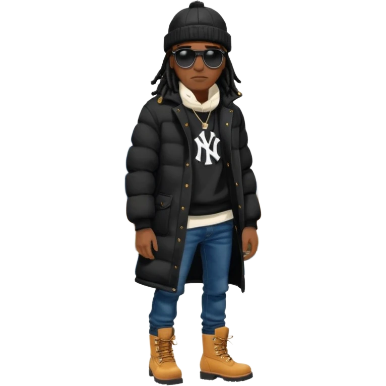 African American man brown skin complexion with black dreadlocks shoulder length wearing black bubble winter coat wearing black sunglasses with denim skinny jeans and timberland boots  wearing new york Yankees baseball cap emoji