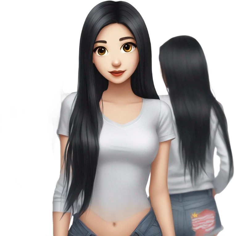 girl, long black hair, kpop idol, standing, beautiful girl, very hot girl, russian american emoji