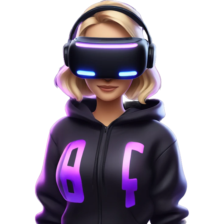 Russian girl wearing black hoody with violet letters "OMG", in vr headset oculus quest2. Dancing. Cyberpunk style. Violet neon. emoji
