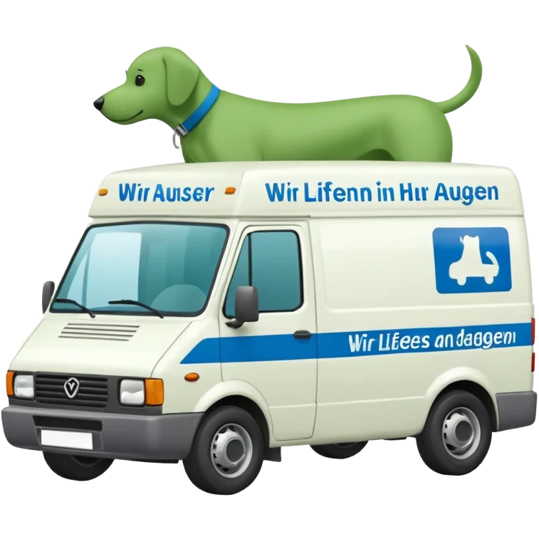 a white delivery van with green and blue color on the delivery van tarpaulin. Text: Wir liefern bis an die Türe. Ausser Ihr Hund ist dagegen" emoji
