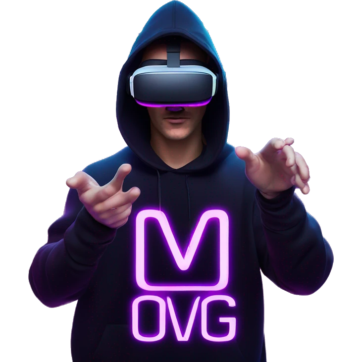 Russian man wearing a black hoodie with "OMG" letters on it and VR headset oculus quest 2 in a cyberpunk VR environment with violet neon lighting. Showing direction with hand emoji