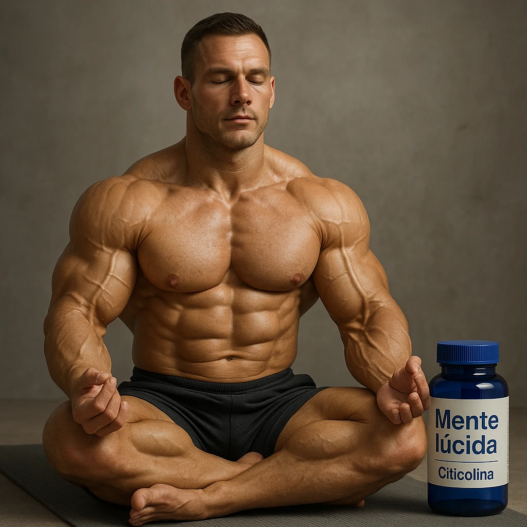 hyper realistic bodybuilder meditating with Citicolina nearby, defined muscles, yoga pose, blue bottle, text 'Mente lucida', zen atmosphere, realistic details emoji