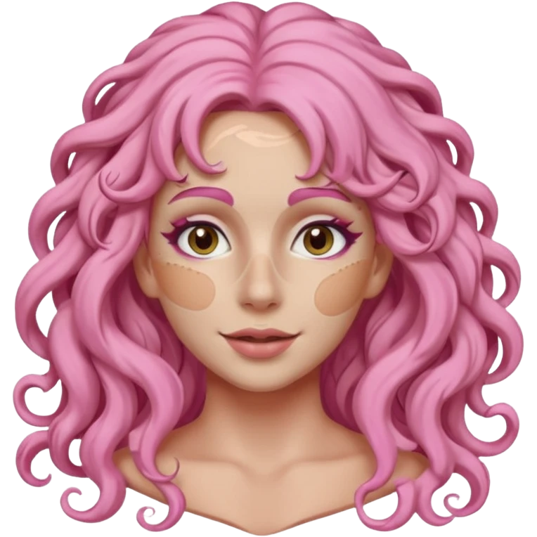 pink haired very long curly haired woman with full full face clay mask emoji
