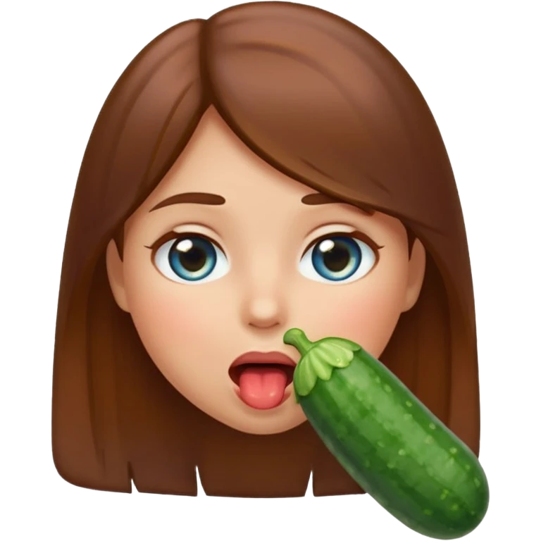 I want a girl emoji, blushing, brown hair blue eye, drooling a bit because she has a full cucumber in her mouth. I want her to chock a bit on it but still enjoying. The cucumber is her mouth, she is sucking it. And she drools emoji