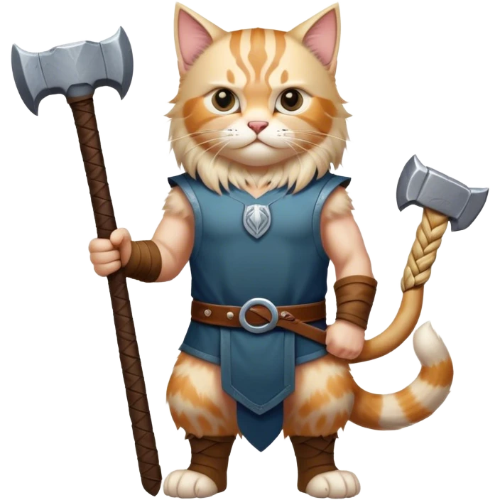 Viking norwegian cat in full height like a man with thors hammer emoji