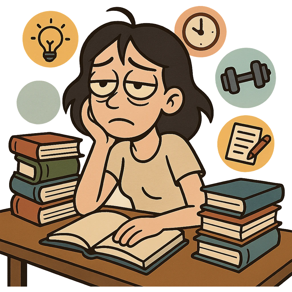 female with black hair, droopy eyes, surrounded by books and activity icons, flat toon style emoji