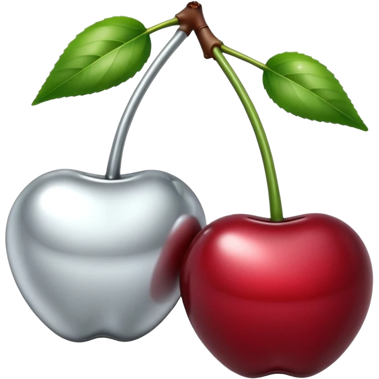 A pair of cherries emoji made of liquid silver chrome, smooth rounded shapes, glossy metallic surface, subtle sensual vibe, luxury sexy aesthetic, iOS emoji style, centered, clean white background emoji