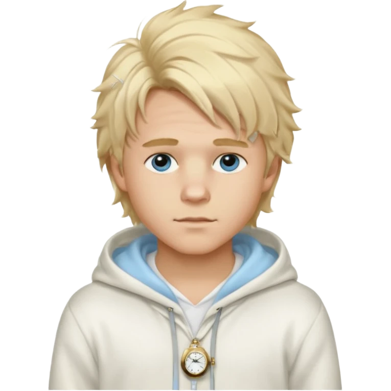 Create a look for a blond boy with long, tousled hair, light eyes, a white sweater, a wealthy appearance, blue eyes, and accessories like a Rolex or Cartier watch, and a cute face with messy hair down. blue eyes + + pajama white fluffy + hood fluffy emoji
