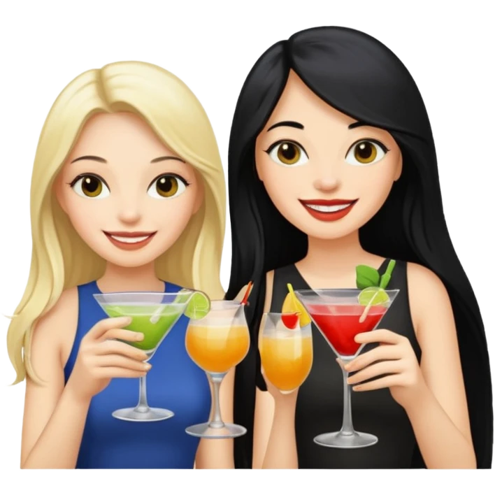 Two queens with long black hair and blonde drink emoji