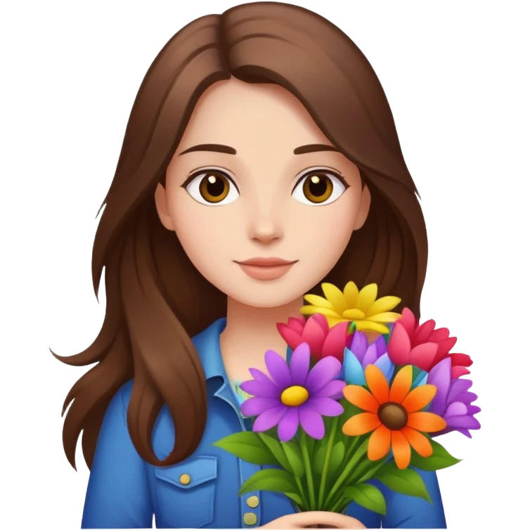 Cool girl with long brown hair holding a bouquet of flowers emoji