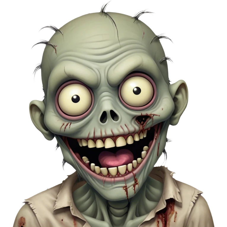 Cinematic Comical Zombie Portrait Emoji, with a grotesquely exaggerated yet playful decaying face in muted ashen tones, head cocked in a dramatically shocked expression with wildly comical, googly eyes and a gaping, silly grin revealing quirky stitches, simplified yet hilariously expressive, highly detailed with a soft eerie glowing outline capturing the absurd humor of a zombie in comic disbelief! emoji