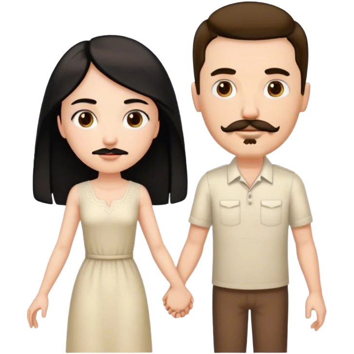 Tall white man with brown mustache goatee AND a short pale woman with long black hair, holding hands emoji