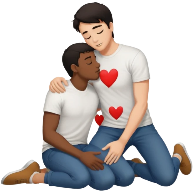 White adult male dark hair,black adult male naked, spooning on floor.,touching, kissing, in love emoji