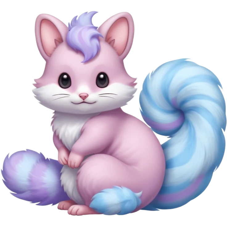 cotton-candy mist pink-blue-lilac fur whipped into cloud-soft spirals beautiful elegant pretty precious cute  Fakémon-Pokémon-opossum-feline-serval-caracal-chinchilla-Furret-Minccino-hybrid-creature with a big fluffy bushy tail (full body) emoji