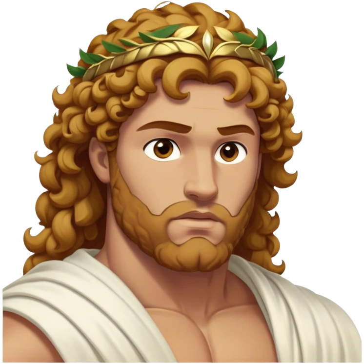 Cinematic Realistic Hercules Portrait, depicted as a classical Greek hero merging the fierce masculinity of the lion-wrestling Hercules with the refined face of Michelangelo's David. His light tan, chiseled skin glows with timeless strength, and his thick, curly, golden brown hair cascades in natural, sculpted curls reminiscent of a warrior’s mane. Draped in a flowing white robe with delicate golden accents and crowned with a traditional Greek laurel wreath, his intense, determined eyes exude noble might, all rendered under dynamic natural lighting with a mythic, radiant glow. emoji