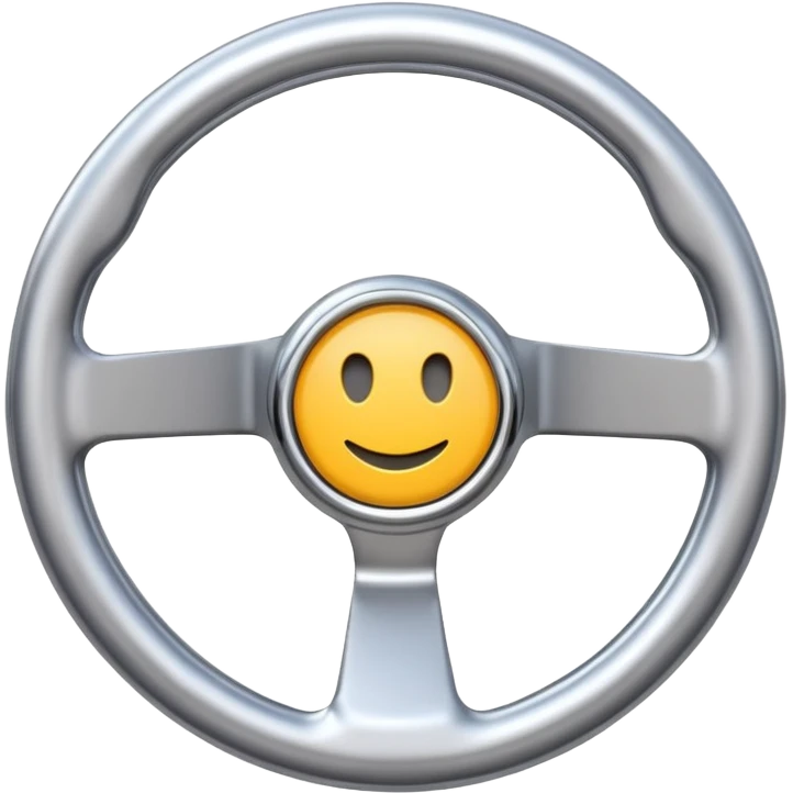 A futuristic steering wheel emoji made of silver chrome, minimal geometric design, smooth metallic surface, soft reflections, iOS emoji style, centered, clean white background emoji