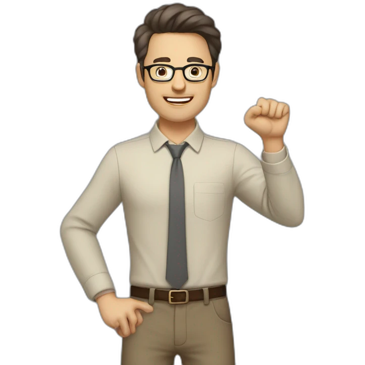 To belt Actively gesturing with hands Pale skinned fit man teacher with dark brown hair in gray jacket, beige office shirt, brown tie, brown pants and vintage glasses. emoji