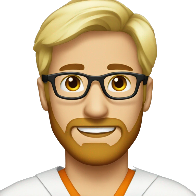 Blond male artist wearing doctor scrubs and round tortoiseshell glasses and short blond beard profile pic emoji