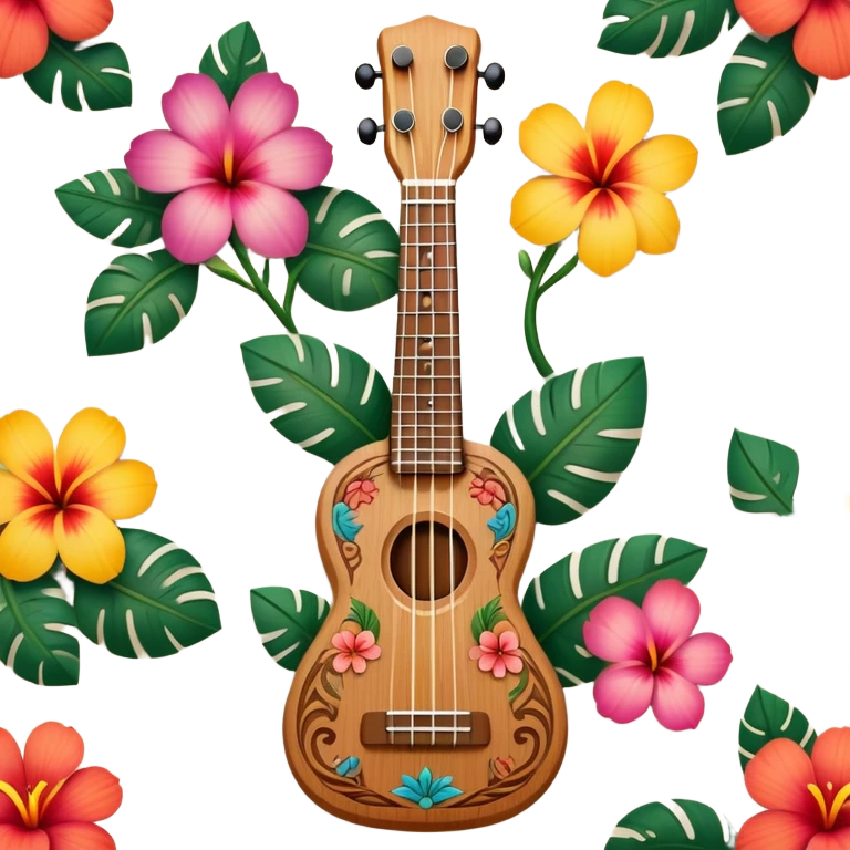 Ukulele with Polynesian carvings with flowers behind it emoji