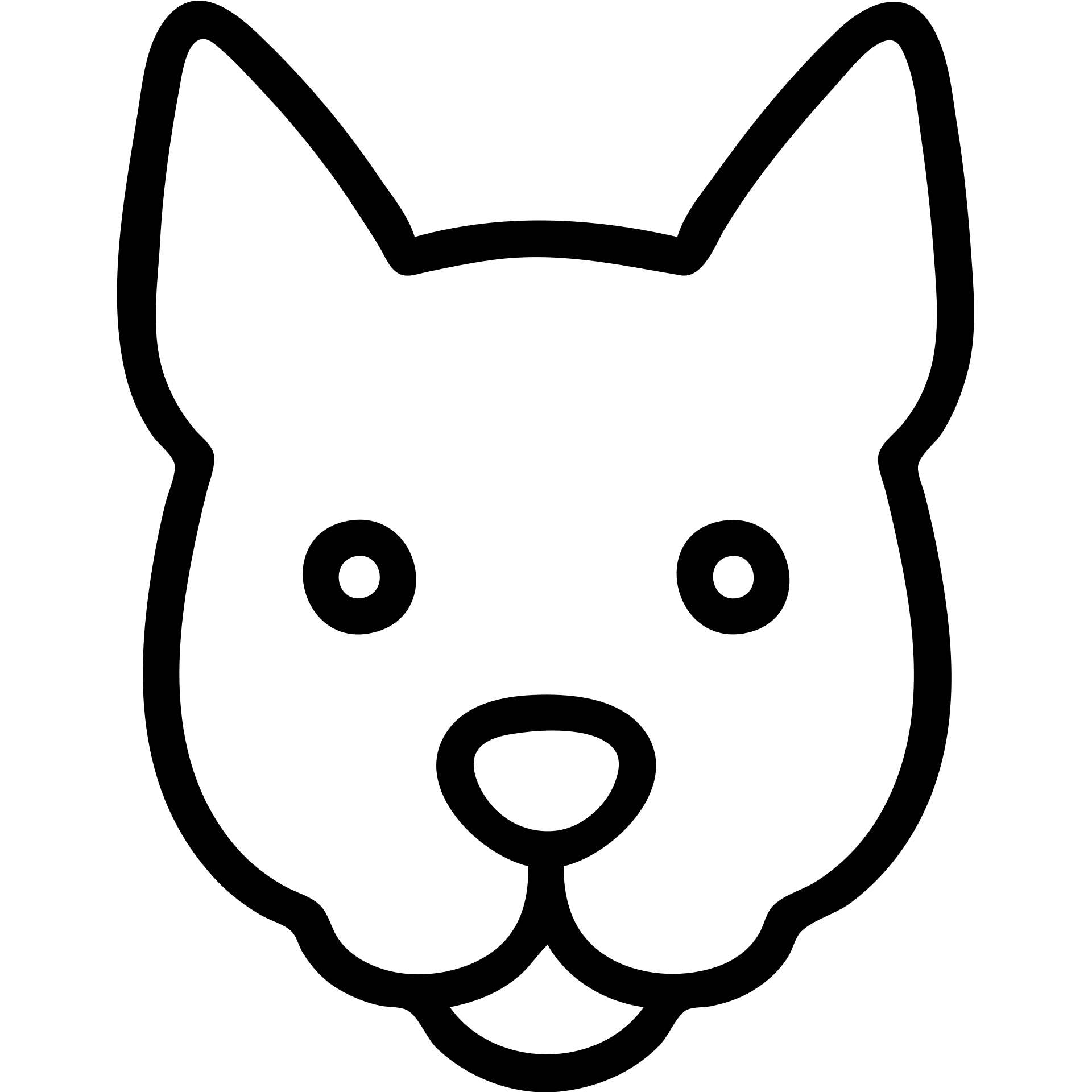simple black and white outline of a dog's head, pointed ears, round snout, big round eyes, minimalist and cute cartoon style emoji