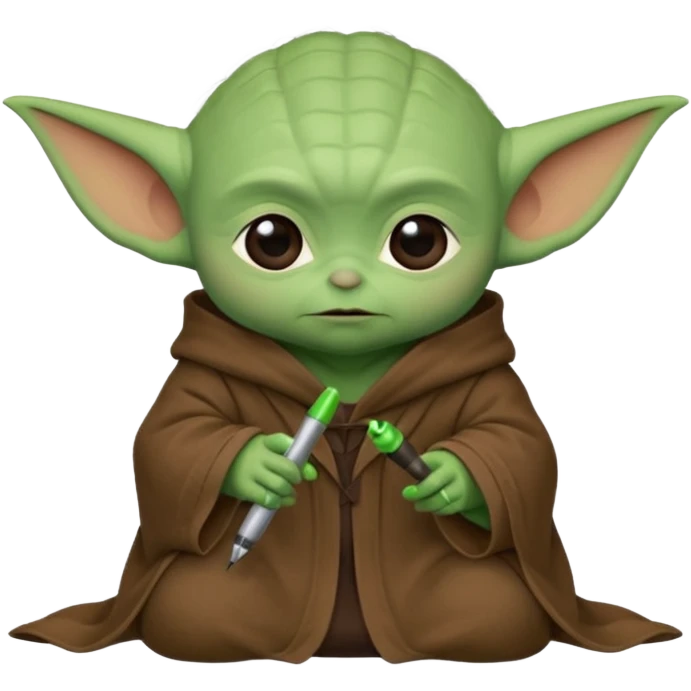 Baby Yoda con su tunica chocolate escribiendo emoji