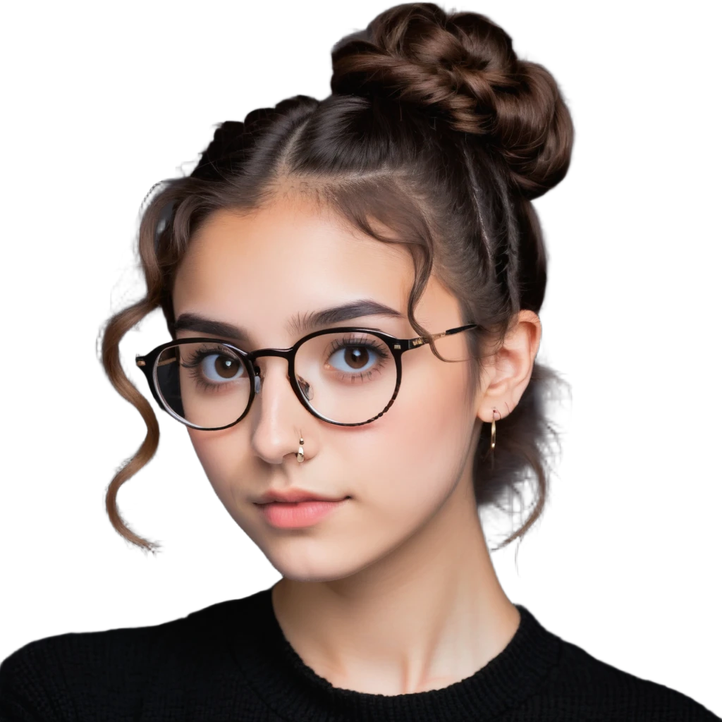 23-year-old girl with square thin glasses, brown curly hair in a high bun, big eyes and lashes, small nose and mouth, thin hoop nose piercing emoji