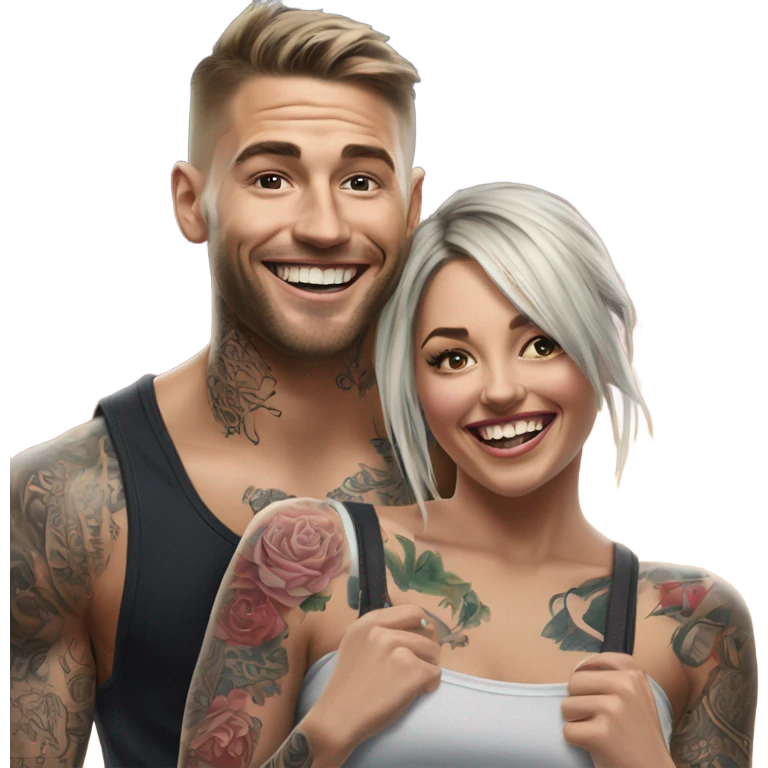 Hyper Realistic beautiful woman getting a piggy back off a handsome tattooed man laughing  emoji